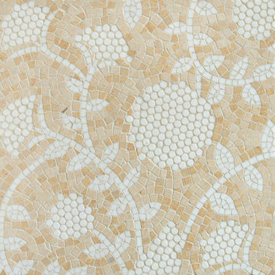 Amaranth, a hand-cut mosaic shown in tumbled Jerusalem Gold and Thassos, is part of the Biome collection by New Ravenna.