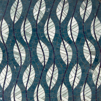 Cocoon, a hand-cut mosaic shown in polished Orchid, Indigo and Kay’s Green, is part of the Biome collection by New Ravenna.