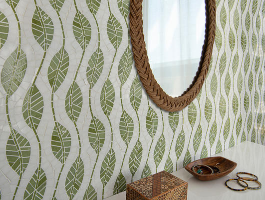 Cocoon, a hand-cut mosaic shown in polished Thassos and Sweetgrass, is part of the Biome collection by New Ravenna.