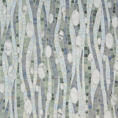 Current, a hand-cut and waterjet mosaic shown in polished Blue Macauba, Kay’s Green, Moonflower and Carrara, is part of the Biome collection by New Ravenna.