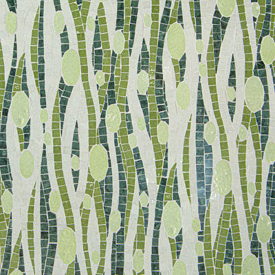 Current, a hand-cut and waterjet mosaic shown in polished Fern, Spring Green, Eucalyptus and Sweetgrass, is part of the Biome collection by New Ravenna.