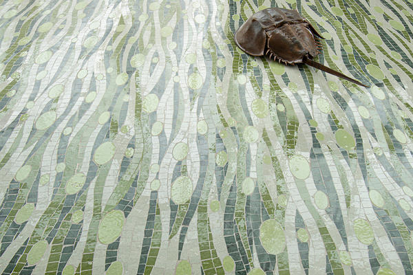 Current, a hand-cut and waterjet mosaic shown in polished Fern, Spring Green, Eucalyptus and Sweetgrass, is part of the Biome collection by New Ravenna.