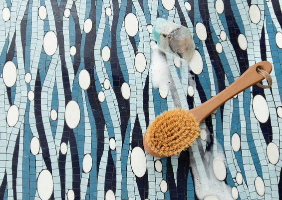 Current, a hand-cut and waterjet mosaic shown in polished Periwinkle, Indigo, Cornflower and Thassos, is part of the Biome collection by New Ravenna.