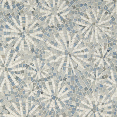 Fossil, a hand-chopped mosaic, shown in tumbled Blue Macauba and Afyon White, is part of the Biome collection for New Ravenna.