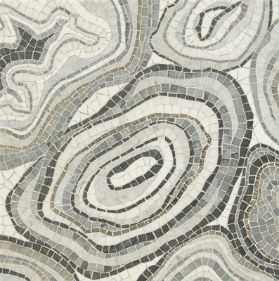 Geode, a hand-cut stone mosaic shown in honed Thassos, polished Dolomite, Afyon White, Carrara, Allure, Celeste, Bardiglio and Mercury, is part of the Biome collection for New Ravenna.