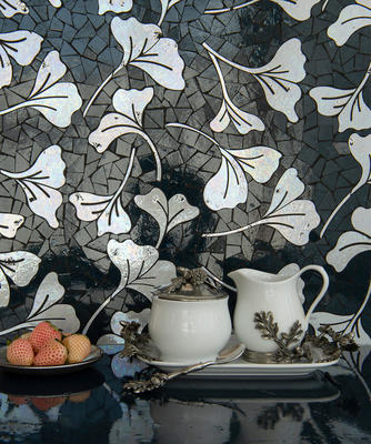 Ginkgo, a hand-cut and waterjet mosaic shown in polished Orchid and Oleander, is part of the Biome collection for New Ravenna.