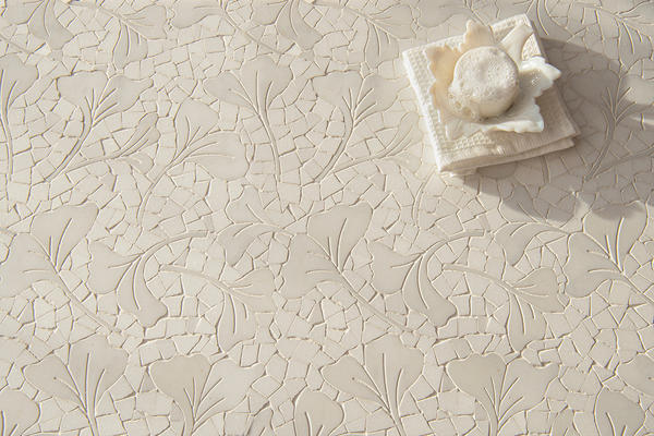 Ginkgo, a hand-cut and waterjet mosaic shown in honed Thassos and polished Calacatta Gold, is part of the Biome collection for New Ravenna.