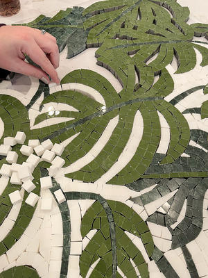 Queen Palm, a hand-cut stone mosaic shown in polished Dolomite, Fern and Spring Green, is part of the Biome collection for New Ravenna.