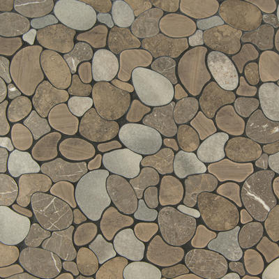 Riverbed, a waterjet mosaic shown in honed Montevideo, Kehena, Cashmere and tumbled Driftwood, is part of the Biome collection by New Ravenna.