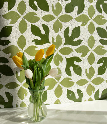 Sassafras, a hand-cut and waterjet mosaic shown in tumbled Thassos, polished Fern and Sweetgrass, is part of the Biome collection by New Ravenna.