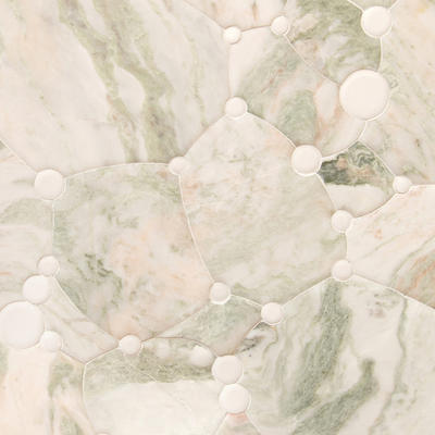 Seafoam, a waterjet mosaic shown in Venetian honed Alba Chiara, is part of the Biome collection by New Ravenna.