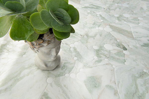 Seafoam, a waterjet mosaic shown in Venetian honed Alba Chiara, is part of the Biome collection by New Ravenna.