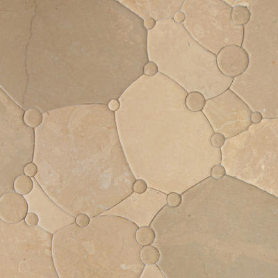 Seafoam, a waterjet mosaic shown in Venetian honed Lagos Gold, is part of the Biome collection by New Ravenna.