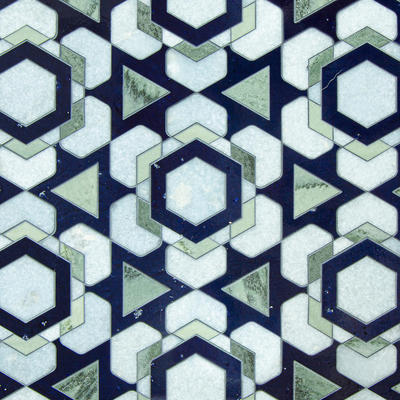 Snowfall, a waterjet mosaic shown in polished Celeste, Kay’s Green and Indigo, is part of the Biome collection by New Ravenna.