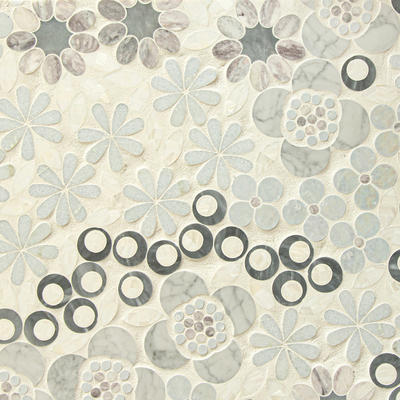 Wildflowers, a waterjet mosaic shown in polished Allure, Carrara, Lavender Mist, Moonflower, Shell and Celeste, is part of the Biome collection by New Ravenna.