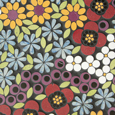 Wildflowers, a waterjet mosaic shown in polished Blue Macauba, Goldenrod, Iris, Thassos, Nero Marquina, Sweetgrass and Zinnia, is part of the Biome collection by New Ravenna.