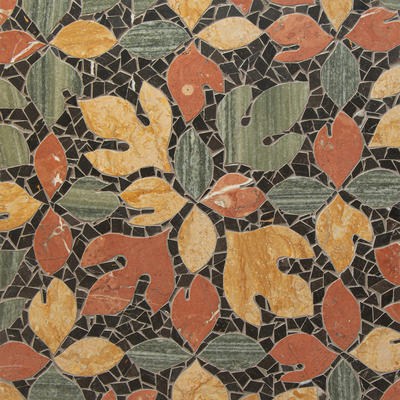 Sassafras, a hand-cut and waterjet mosaic shown in honed Saint Laurent, Verde Luna, Giallo Reale and Rojo Alicante, is part of the Biome collection by New Ravenna.