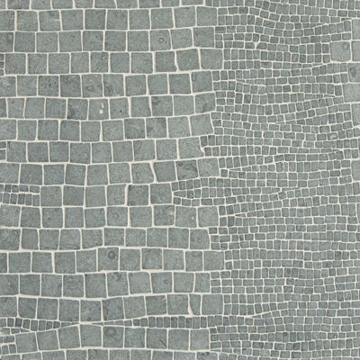 Reptile, a hand-chopped mosaic shown in tumbled Jura Green, is part of the Biome collection for New Ravenna.