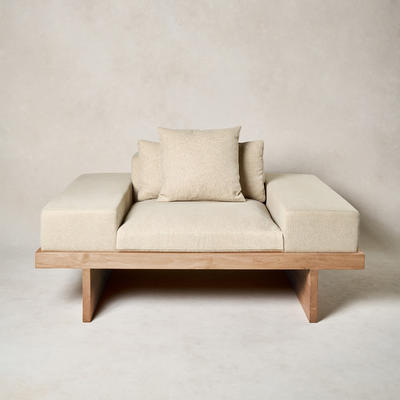 Kyoto lounge chair in beige Belgian linen on a natural birch frame