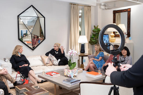 Alexa Hampton (center) discusses recent
projects, trends and exciting product developments with her guests and streaming live on Theodore Alexander’s Instagram.