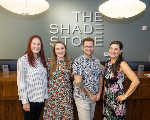 The Shade Store Charlotte team: Rhiannon Jennerich, Sara Sawyer and Danny Fuller-Katz, with Benjamin Moore Charlotte rep Candice Carter