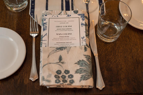 Custom napkins and menu designed in a Martyn Lawrence Bullard for The Shade Store fabric