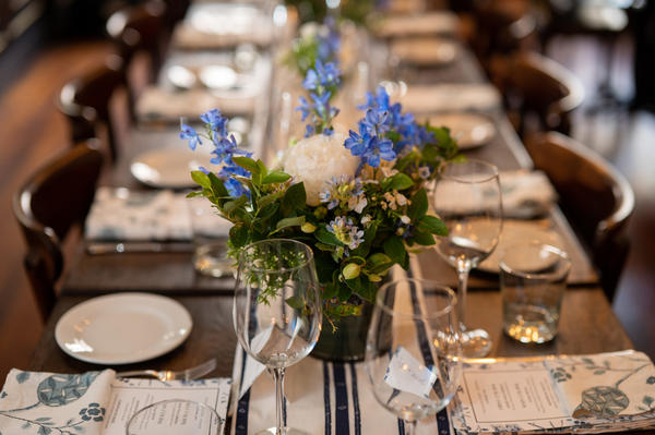 The table was set with a custom runner in a Nate Berkus fabric and custom napkins in a Martyn Lawrence Bullard fabric.