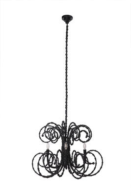 Twirly chandelier in black, made of wooden beads