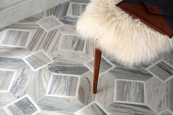 Almeria, in venetian honed Horizon and polished Afyon White, is a hand-cut mosaic from the Studio Line by New Ravenna. Designed by Paul Schatz.