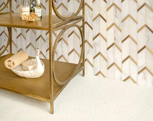 Belen, a hand-cut stone mosaic in polished Calacatta Gold and brushed Brass, is part of the Studio Line of ready-to-ship mosaics by New Ravenna.