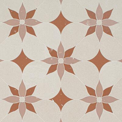 Casablanca, a water-jet stone mosaic shown in Ivory Cream with Primrose and Tulip Glazed Basalto, is part of the Studio Line of ready-to-ship mosaics by New Ravenna.