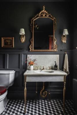 Euclid, in honed Sivec, Greystoke and Nero Marquina, from the Studio Line by New Ravenna. Bathroom design by House of Brinson.