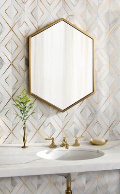 Simone, in honed Calacatta Gold, honed Thassos and brushed Brass, is a water-jet mosaic from the Studio Line by New Ravenna.
