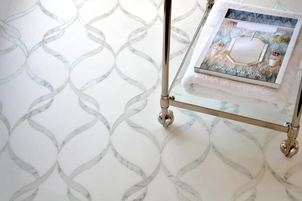 Sophie, in honed Thassos and polished Calacatta Tia, from the Studio Line of ready-to-ship mosaics by New Ravenna.