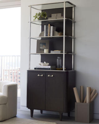 SCAD for MG+BW collaboration: Alba storage cabinet with shelves in oak with dark oak finish and stainless steel trim, from our WFH collection with Savannah College of Art and Design.