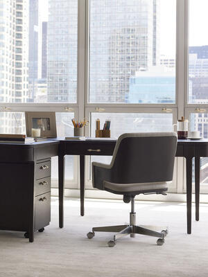 SCAD for MG+BW collaboration: Alba desk and return in oak with dark oak finish and brushed stainless trim; Alba desk chair, upholstered in performance rib weave; from our WFH collection with Savannah College of Art and Design.