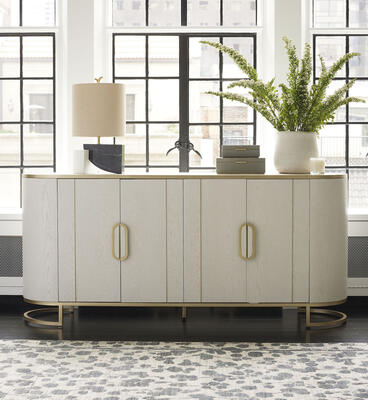 SCAD for MG+BW collaboration: Ella media console in oak with brushed white finish and champagne brass trim, from our WFH collection with Savannah College of Art and Design.