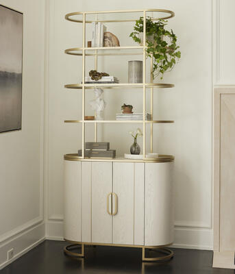 SCAD for MG+BW collaboration: Ella storage cabinet in oak with brushed white finish and shelves in champagne brass finish, from our WFH collection with Savannah College of Art and Design.