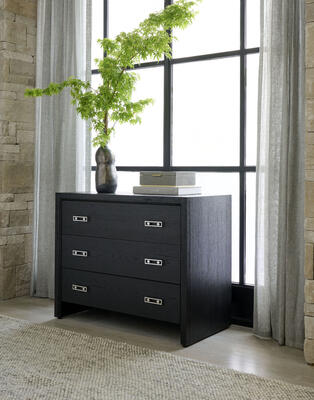 From the 1970s California Modern–style Malibu collection, the three-drawer chest in new carbon oak finish. Offered in four finish options with hardware in stainless steel or satin brass so you can choose to suit the decor.