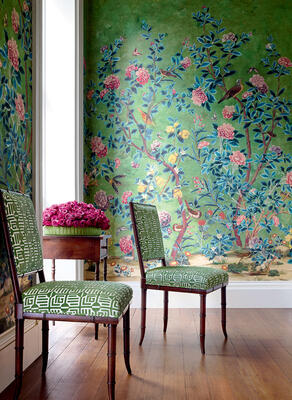 Jardin Bloom mural in green and Darien dining chairs in Labyrinth Velvet in emerald