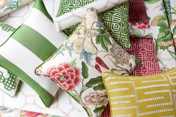 Pillows in Bergamo Stripe, Hill Garden and Architect Embroidery fabrics