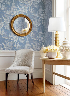 Wallpaper in Empress Court in blue, Bailey dining chair in Alessandro in cloud