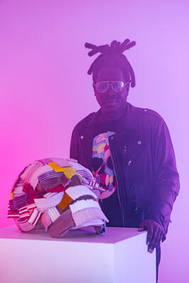 Bradley Theodore with the “Vanitas” sculpture, a collaboration with Venice Factory