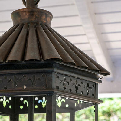 The Hawley lantern is hand-fabricated from silver-soldered copper sheet and given a copper-bronze finish.
