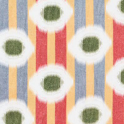 The striking array of hues in Maritsa’s abstract pattern complements the natural linen background. 
