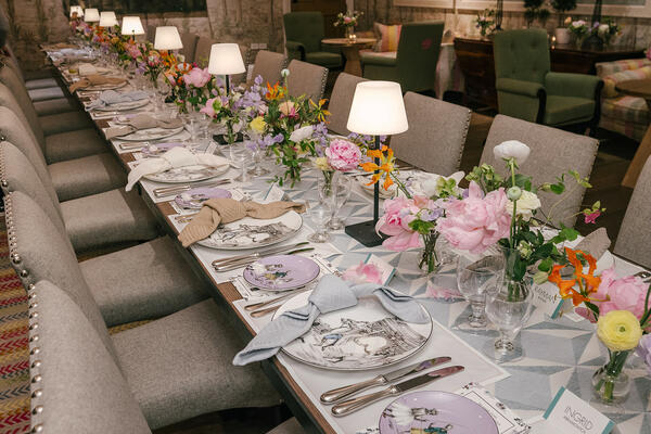 The tablescape at the Crosby Street Hotel, featuring floral and table design by Getteline Rene