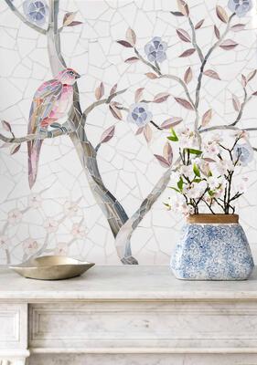 Chinoiserie, a hand-cut glass mosaic shown in Desert Rose, Lace Agate, Fluorite, Galena, Lavastone, Sardonyx, Chrysocolla, Turquoise, Rose Quartz, Amber and Agate, with Sea Glass Absolute White Sea Glass, is part of the Heritage collection by New Ravenna.