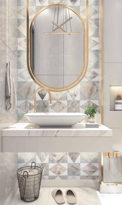 Palatium, a water-jet stone mosaic shown in polished Thassos, Carrara and Lavender Mist, is part of the Heritage collection by New Ravenna.