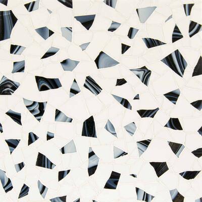 Memphis Raku, a hand-cut glass mosaic shown in Sea Glass Absolute White with Jet jewel glass, is part of the Heritage collection by New Ravenna.