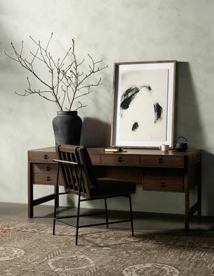 The Oakley desk, Crete dining chair and Cortona hand-knotted rug